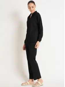 FEMMELLA Knitted Shirt Collar T-Shirt With Trousers