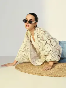 SHOWOFF Self Design Crochet Acrylic Open Front Shrug