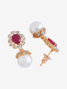 Kushal's Fashion Jewellery Rhodium-Plated Cubic Zirconia Studded Leaf Shaped Drop Earrings