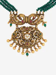 Kushal's Fashion Jewellery 92.5 Pure Silver Gold-Plated Stone Studded Temple Necklace