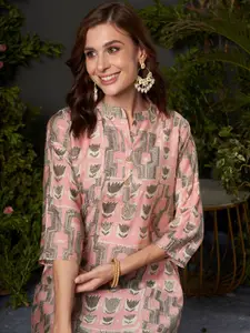 Anouk Abstract Printed Mandarin Collar Chanderi Silk Straight Kurta
