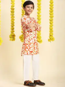 Cutiekins Boys Floral Printed Band Collar Pure Cotton Straight Kurta With Pyjamas