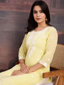 House of Pataudi Floral Embroidered Thread Work Chikankari Straight Kurta