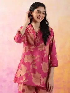 JISORA Pink Floral Printed V-Neck Pure Cotton Top With Trousers