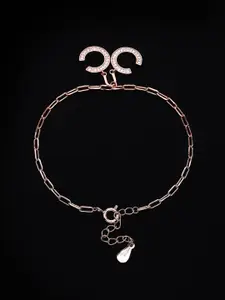 PANASH 925 Sterling Silver Rose Gold-Plated Cubic Zirconia Studded Charms Bracelet