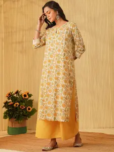 JAYPORE Floral Printed Key-hole Neck Pure Cotton Regular Straight Kurta