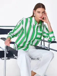 COVER STORY Women Spread Collar Vertical Striped Cotton Casual Shirt