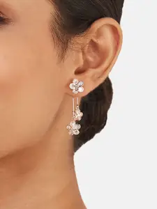 ATIBELLE Rose Gold Plated Stone Studded Floral Drop Earrings