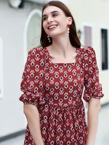 Selvia Women Print Puff Sleeve Fit & Flare Midi Dress