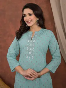 Readiprint Floral Printed Thread Work Mandarin Collar Cotton Straight Kurta