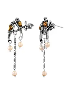 Voylla Qasbah Tota Maina Silver-Plated Beaded Bird Shaped Oxidised Drop Earrings