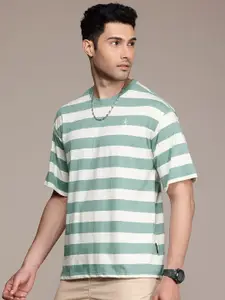The Roadster Life Co. Striped Drop-Shoulder Sleeves Relaxed Fit T-shirt