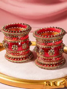 Rubans Set of 18 Gold-Plated Bridal Chura Bangles with Floral Motifs and Red Detailing