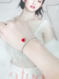 MYKI Silver-Plated Stainless Steel Beaded Heart Charm Bracelet