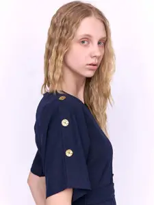 COVER STORY Women Solid Round Neck Short Sleeves Sheath Dress.Comes with a belt