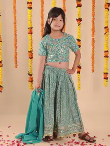 Sangria Girls Embroidered Pure Cotton Lehenga & Top With Dupatta