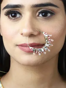 BeAbhika Gold-Plated Kundan Studded & Beaded Nose Ring