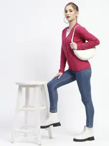 Madame Women Self Design Ribbed Cardigan Sweater