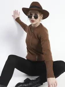 Madame Women Solid Ribbed Cardigan Sweater