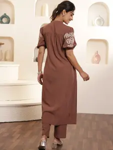 AUTUMN LANE Band Collar Embroidered Puffed Sleeves Pure Cotton Top with Trouser Co-Ords