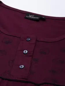 Kryptic Burgundy Printed Pure Cotton Maxi Nightdress