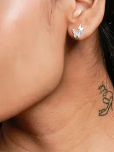 KRENOZ Silver-Plated Cubic Zirconia Studded Butterfly Wings Studs