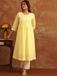 JAYPORE Floral Embroidered Beads and Stones Cotton A-Line Kurta