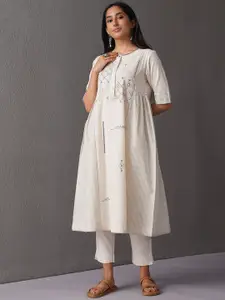 JAYPORE Ethnic Motifs Embroidered Thread Work Cotton A-Line Kurta