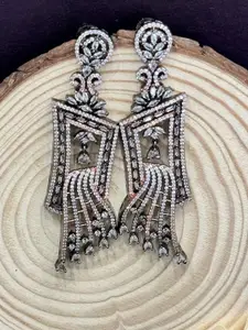 The Jewellery Tale Rhodium-Plated Contemporary Rhinestone Studded Chandelier Drop Earrings