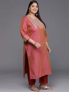Sztori Plus Size Floral Embroidered Round Neck Gotta Patti Silk Straight Kurta