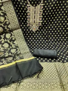 Ishin Black and gold-toned woven design Unstitched Dress Material