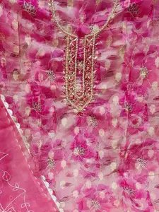 Ishin Gold-Toned & Pink Floral Printed Organza Unstitched Dress Material