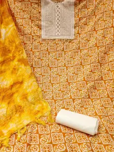 Ishin Orange-Coloured and white Ethnic Motifs Printed Unstitched Dress Material