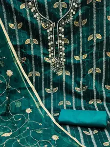 Ishin Striped Embroidered Beads and Stones Detail Unstitched Dress Material