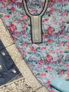 Ishin Floral Printed Beads and Stones Organza Unstitched Dress Material