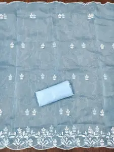 Ishin Blue Ethnic Motifs Embroidered Organza Unstitched Dress Material