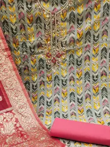 Ishin Grey & Pink Geometric Printed Unstitched Dress Material