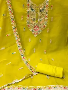 Ishin Sequinned Ethnic Motifs Embroidered Organza Unstitched Dress Material