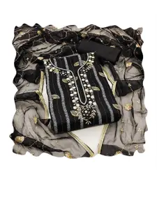 Ishin Black & Gold-Toned Striped Unstitched Dress Material