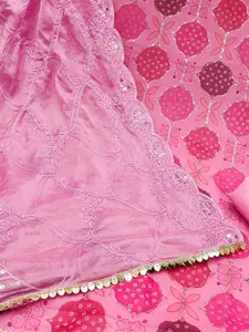 Ishin Pink and Purple Floral Printed Organza Unstitched Dress Material