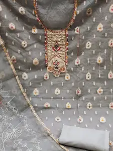 Ishin Ethnic Motifs Woven Design Beads and Stones Detail Organza Unstitched Dress Material