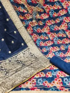 Ishin Blue & Pink Floral Printed Organza Unstitched Dress Material