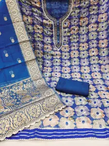 Ishin Blue Ethnic Motifs Embroidered Sequined Organza Unstitched Dress Material