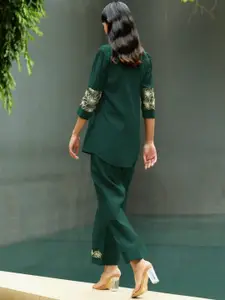 AUTUMN LANE Floral Embroidered Shirt Collar Top With Trousers