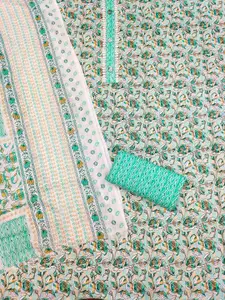 Ishin Sea Green & White Floral Printed Unstitched Dress Material