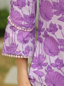 JISORA Purple Floral Printed V-Neck Pure Cotton Top & Trousers