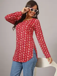 DHAKRE FASHION Geometric Printed Long Sleeves Pure Silk Kurti