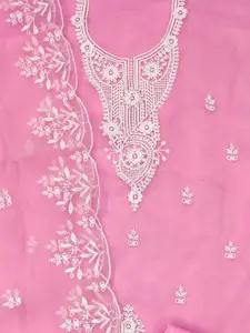 Ishin Pink Ethnic Motifs Embroidered Organza Unstitched Dress Material