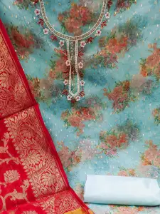 Ishin Teal Blue Floral Embroidered Beads and Stones Organza Unstitched Dress Material