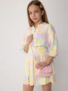 DeFacto Girls Floral Printed Mandarin Collar Top With Skirts